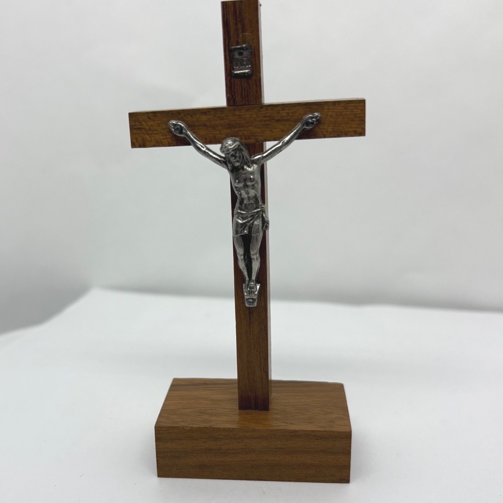 Standing Wood Crucifix with Silver Tone Metal Corpus and INRI Plaque 4.25 inch